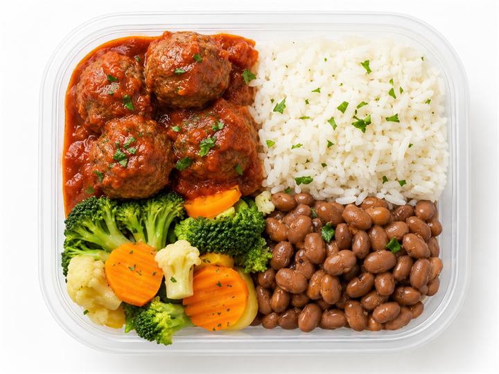 Almôndega de carne com arroz, feijão e legumes