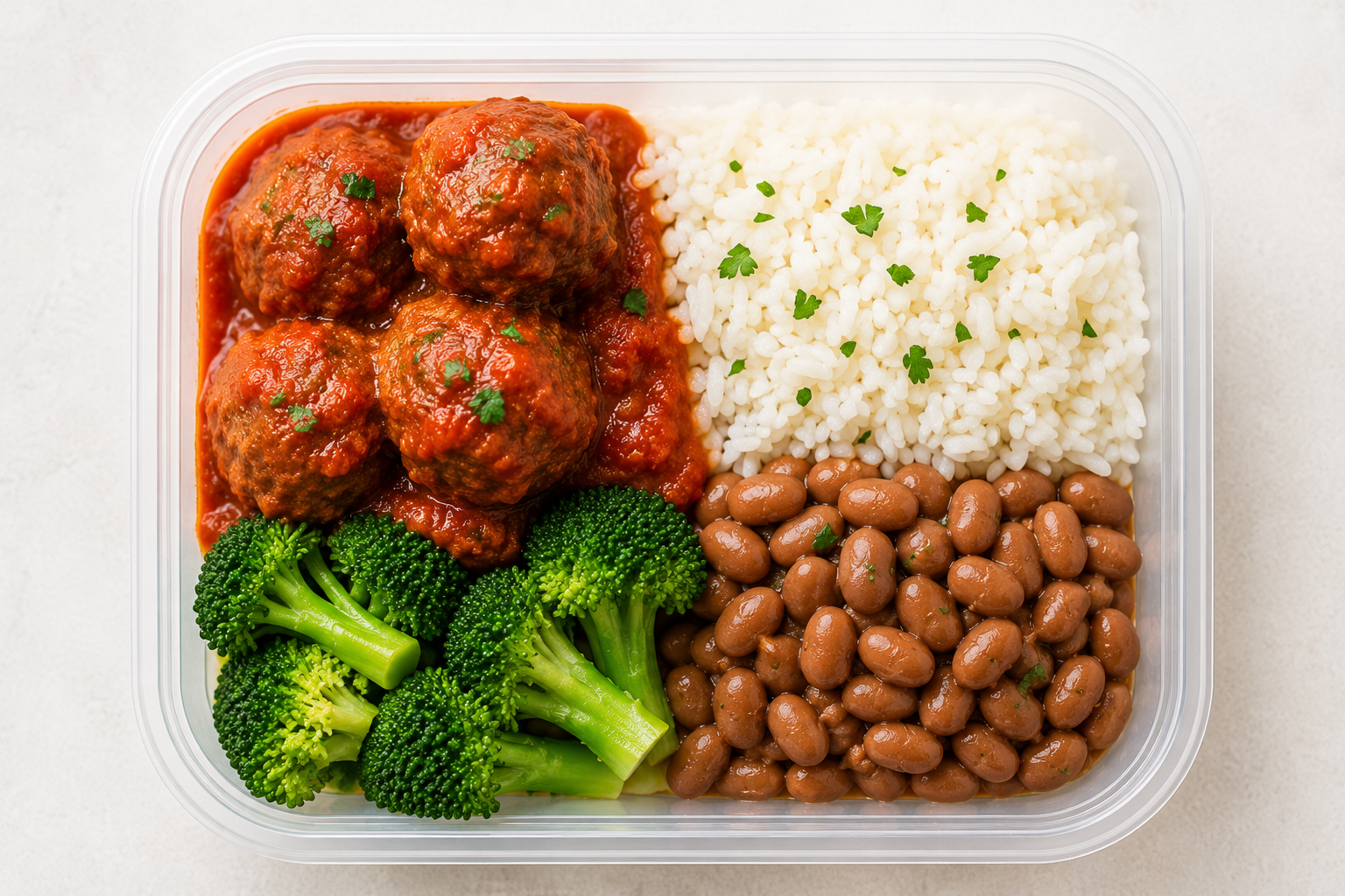 Almôndega de carne com arroz, feijão e brócolis