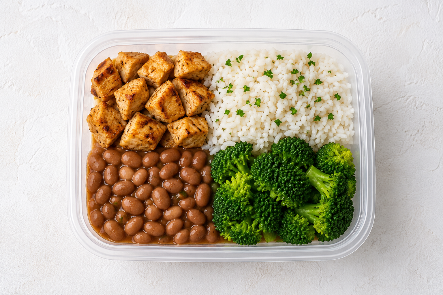 Frango em cubo grelhado com arroz, feijão e brócolis