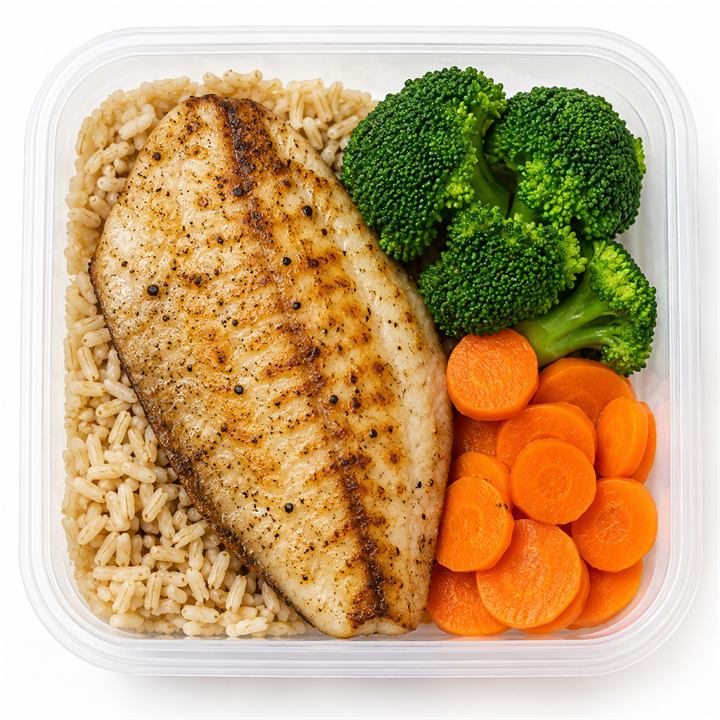 Tilápia grelhada com arroz integral, brócolis e cenoura