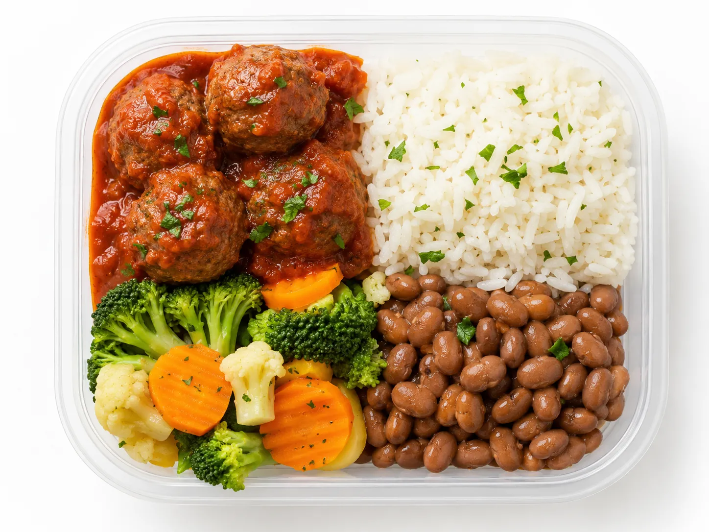 Almôndega de carne com arroz, feijão e legumes