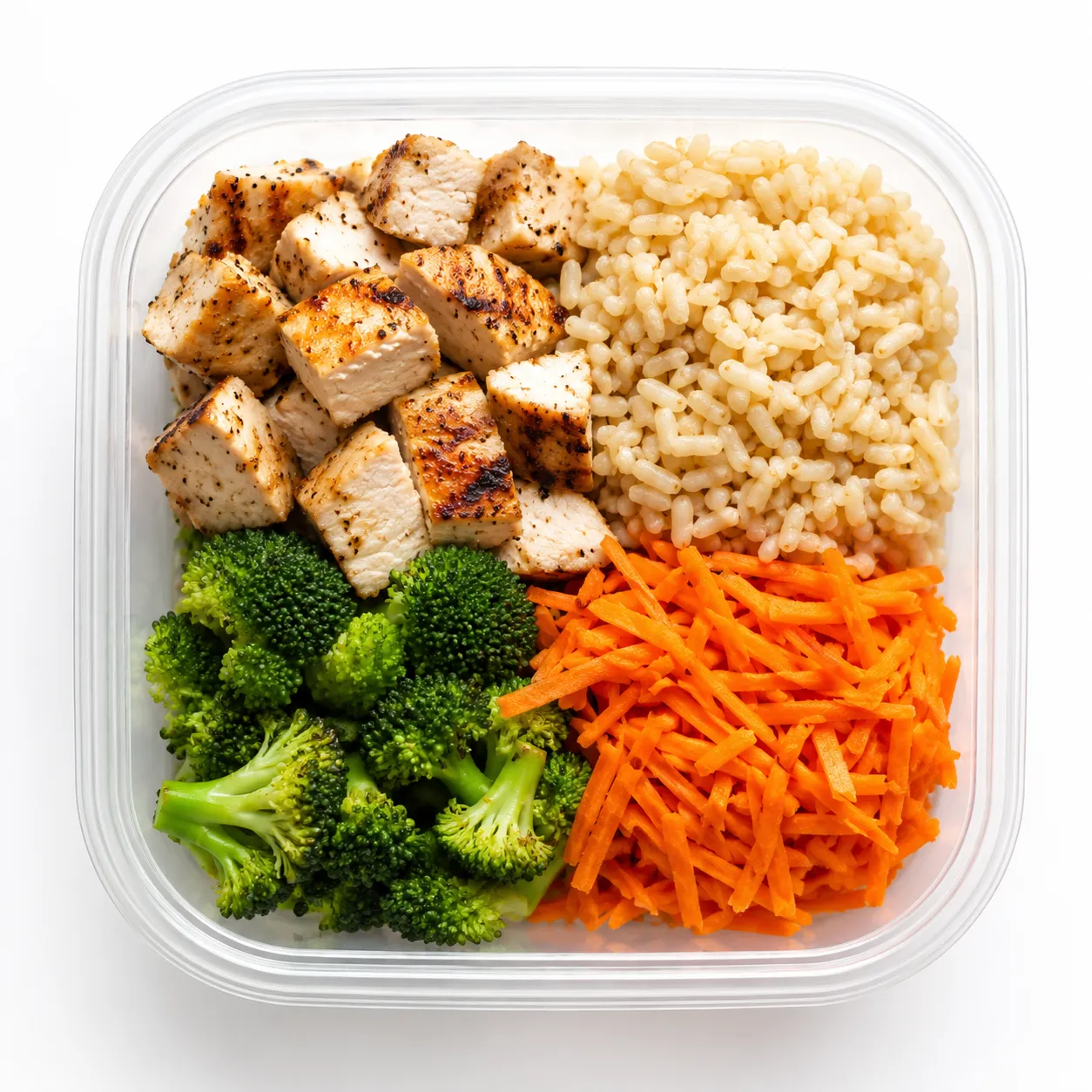 Frango em cubo grelhado com arroz integral, brócolis e cenoura