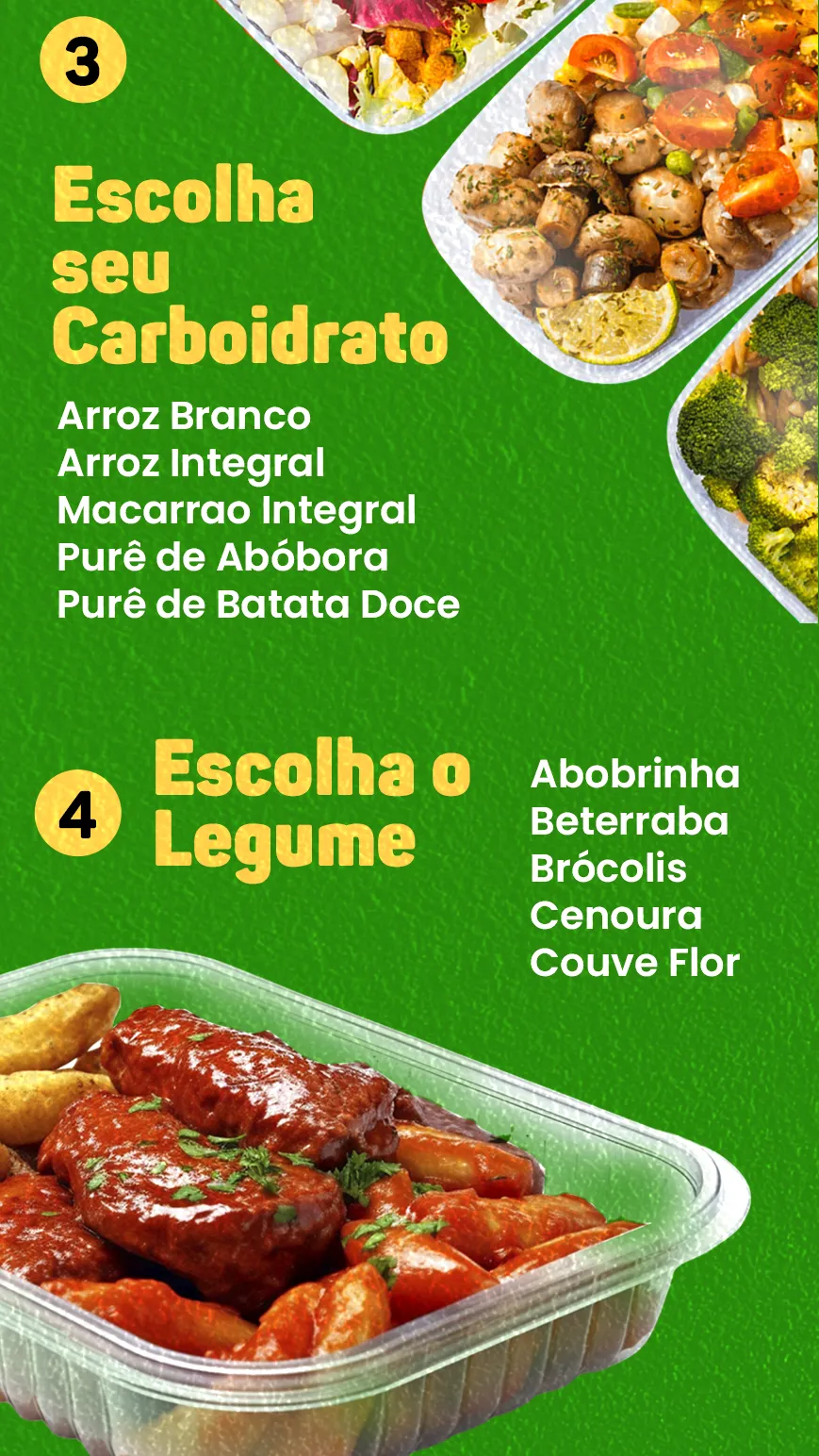 Opções de carboidrato e legumes para montar a marmita Thaifit